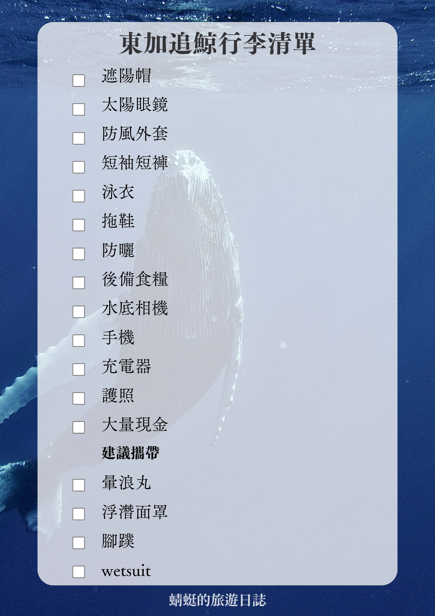 東加追鯨行李清單