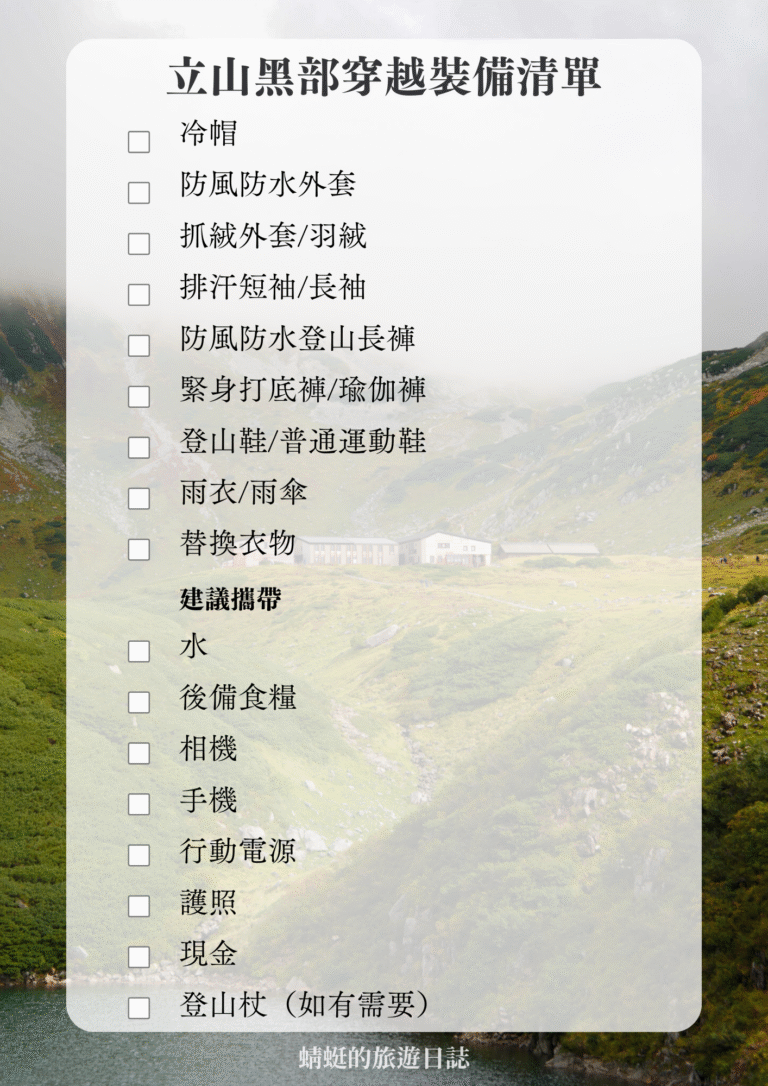 立山黑部收拾清單